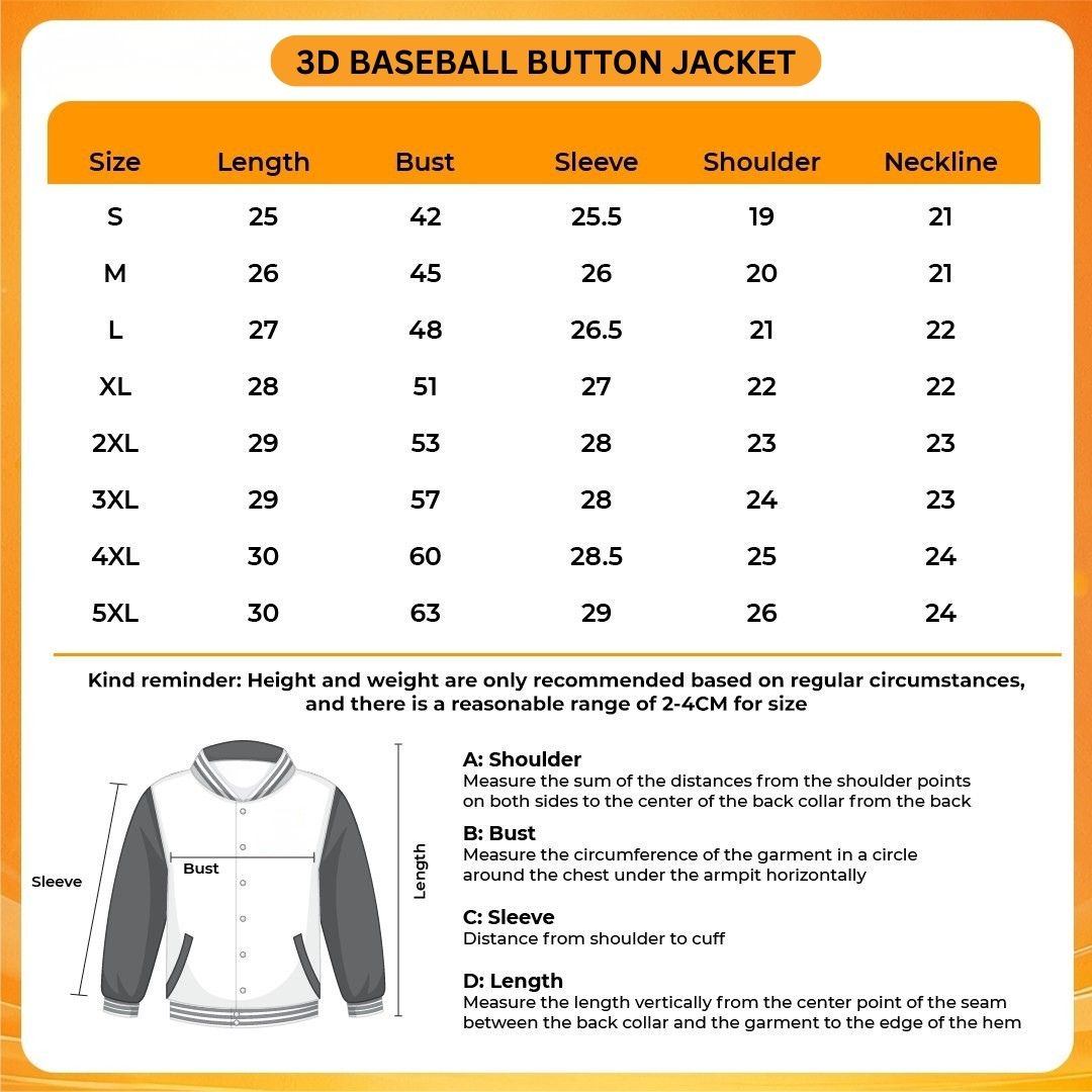 3D Baseball Button Jacket Size Chart - One Piece Shop