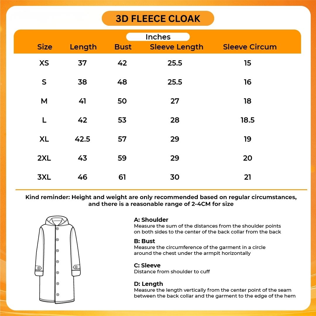 3D Fleece Cloak Size Chart - One Piece Shop