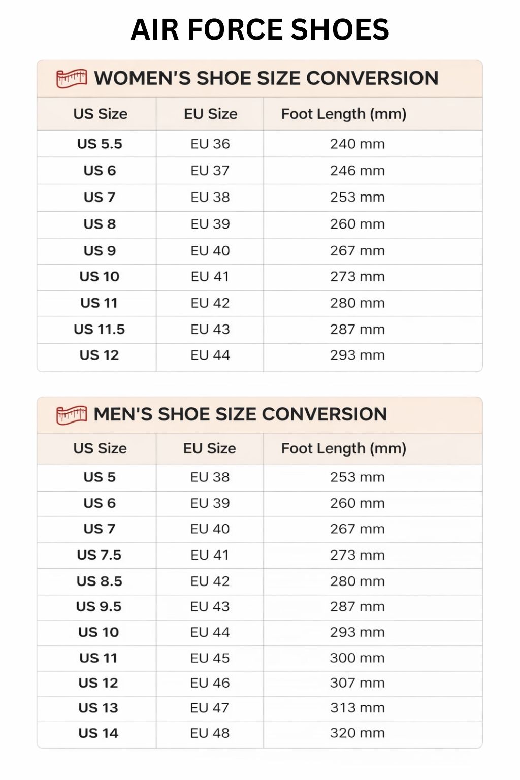 Air Force Shoes Size Chart - One Piece Shop