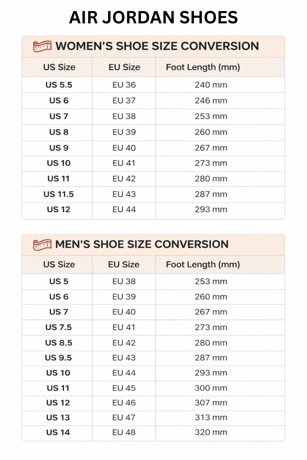 Air Jordan High Low Top Shoes Size Chart - One Piece Shop