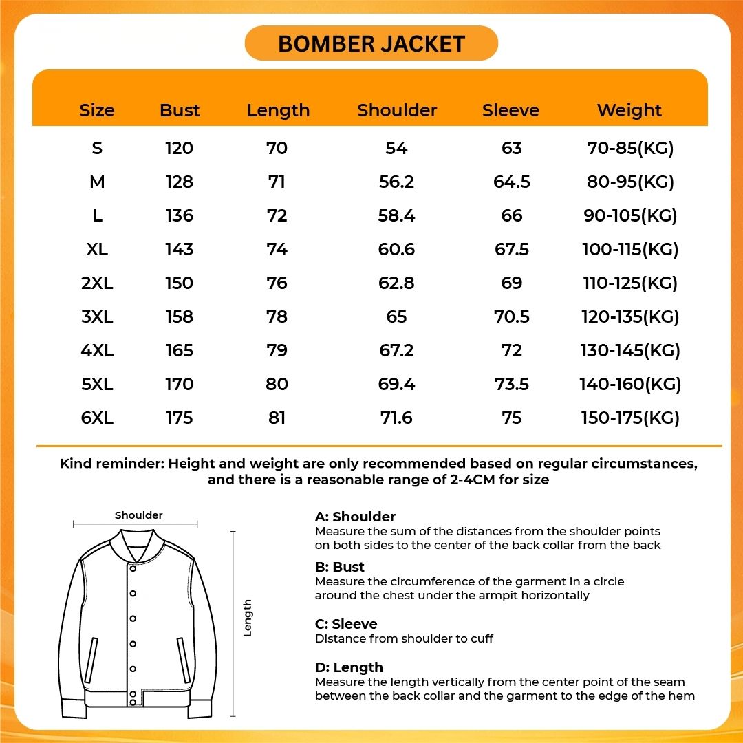 Bomber Jacket Size Chart - One Piece Shop
