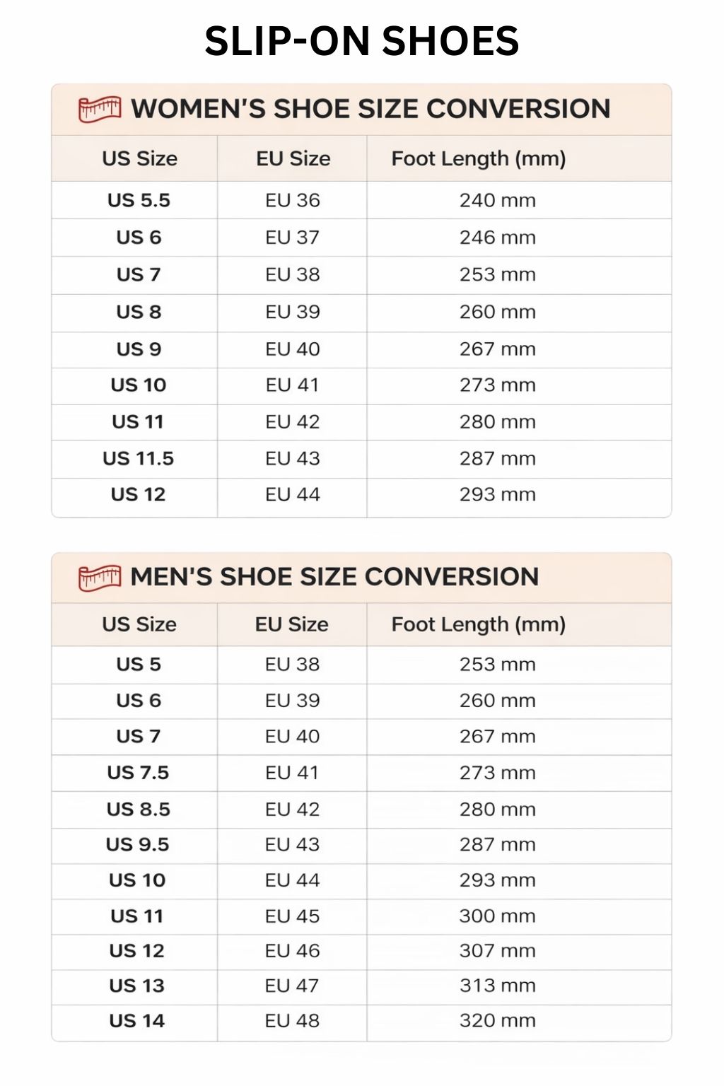 Slip On Shoes Size Chart - One Piece Shop