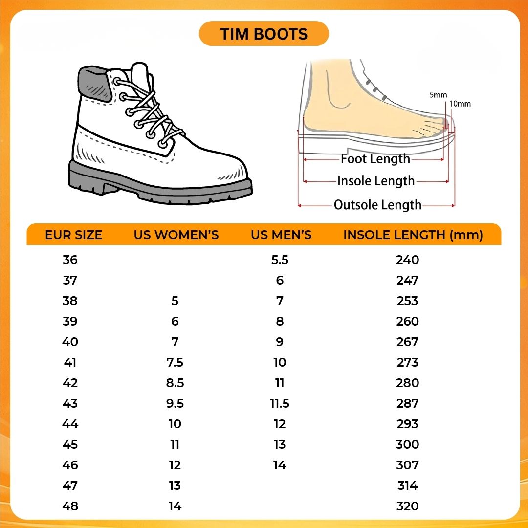 Tim Boots V1 Size Chart - One Piece Shop
