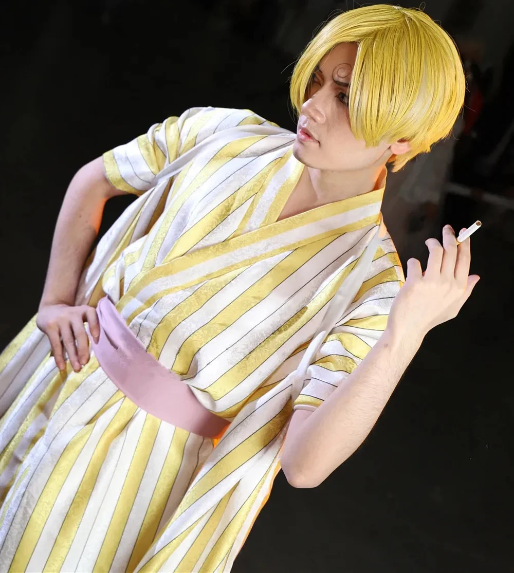 Vinsmoke Sanji Wano Outfit Kimono Wig Cosplay Costume - Image 3