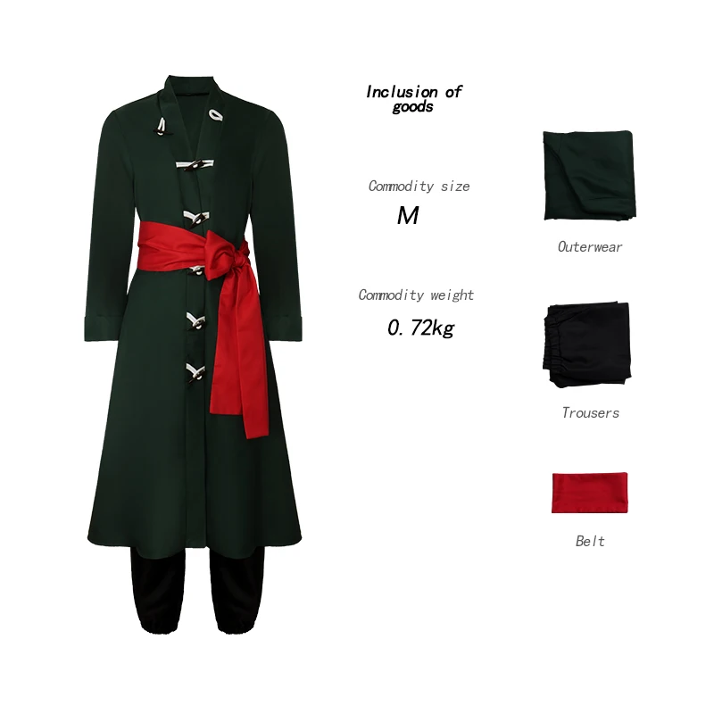 Roronoa Zoro Green Coat Belt Pants Head Scarf Zoro Wig Uniforms Clothes - Image 2
